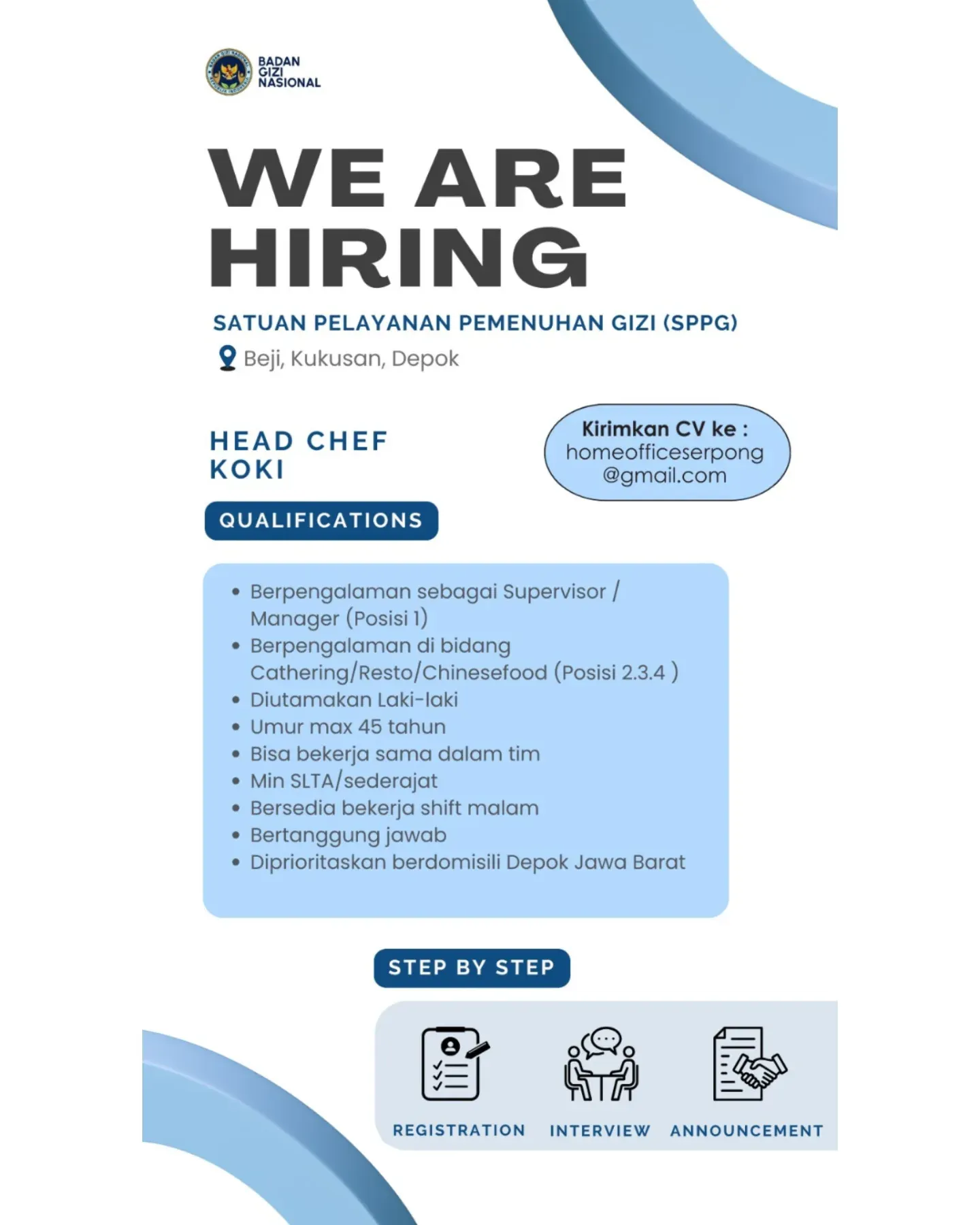 Lowongan kerja SPPG sebagai Head Chef Koki