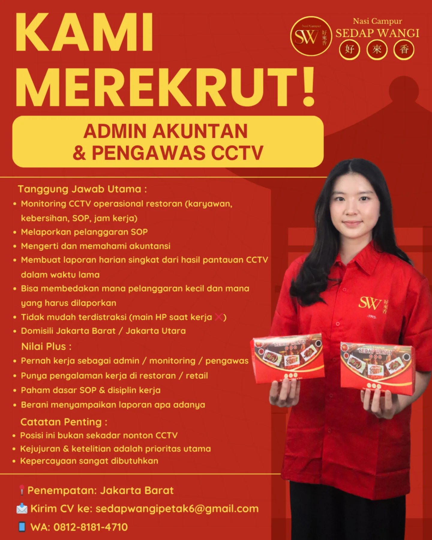 Lowongan Kerja: Admin akuntan dan pengawas CCTV