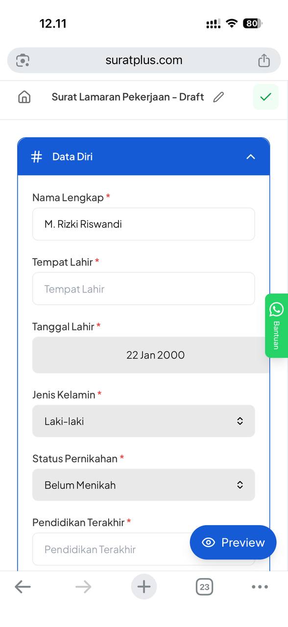 Isi formulir data diri di surat lamaran kerja online