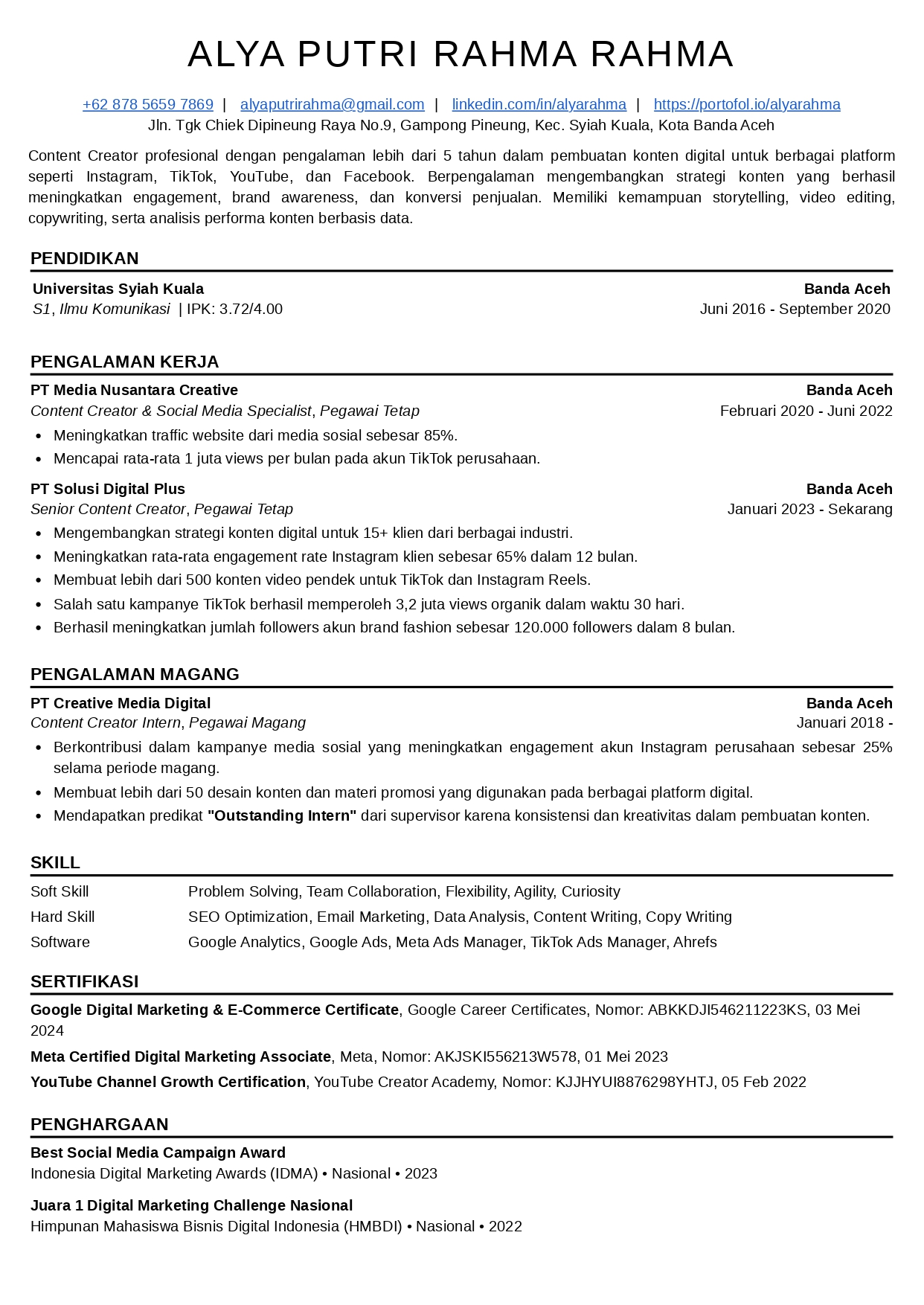 Contoh CV ATS Friendly content creator dibuat menggunakan SuratPlus CV Builder