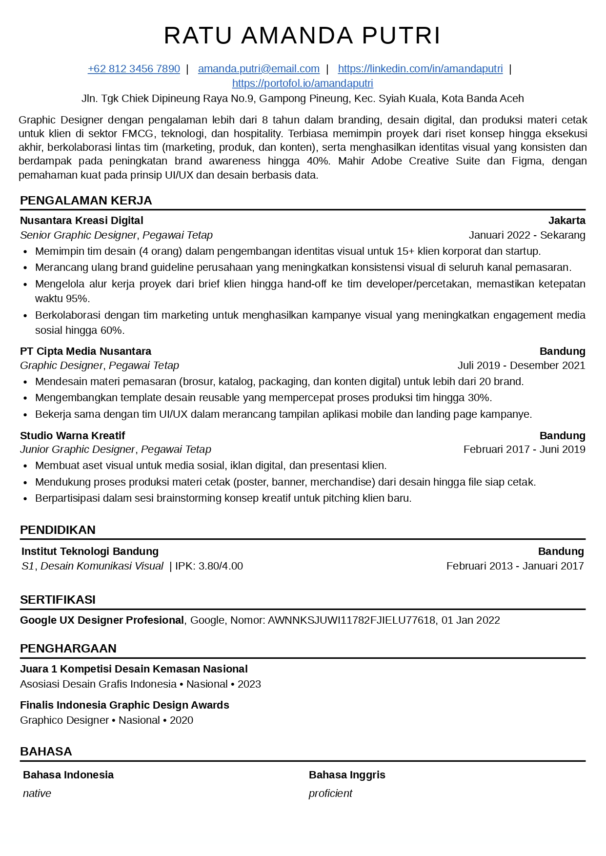 Contoh CV ATS Graphic Designer