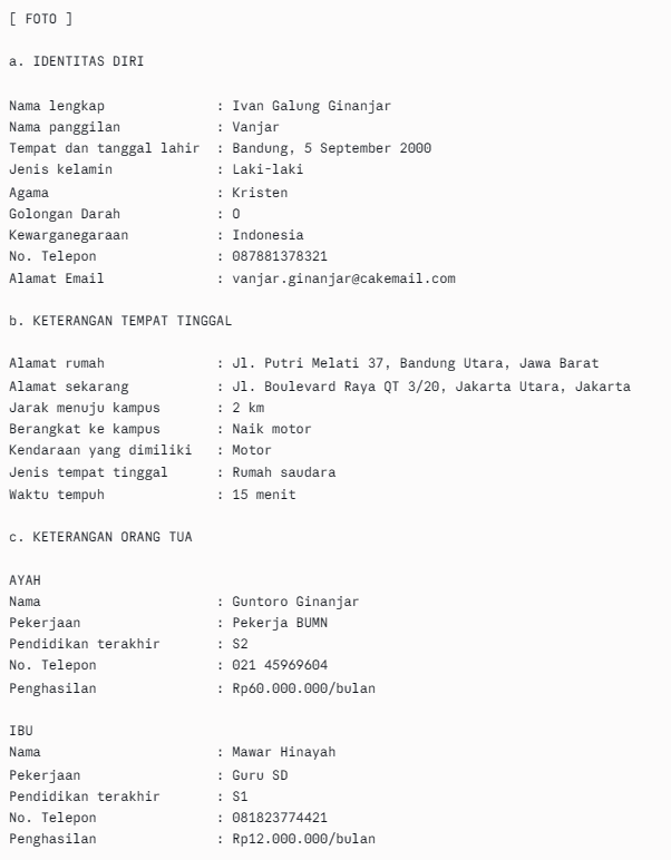 Contoh biodata diri sebagai mahasiswa