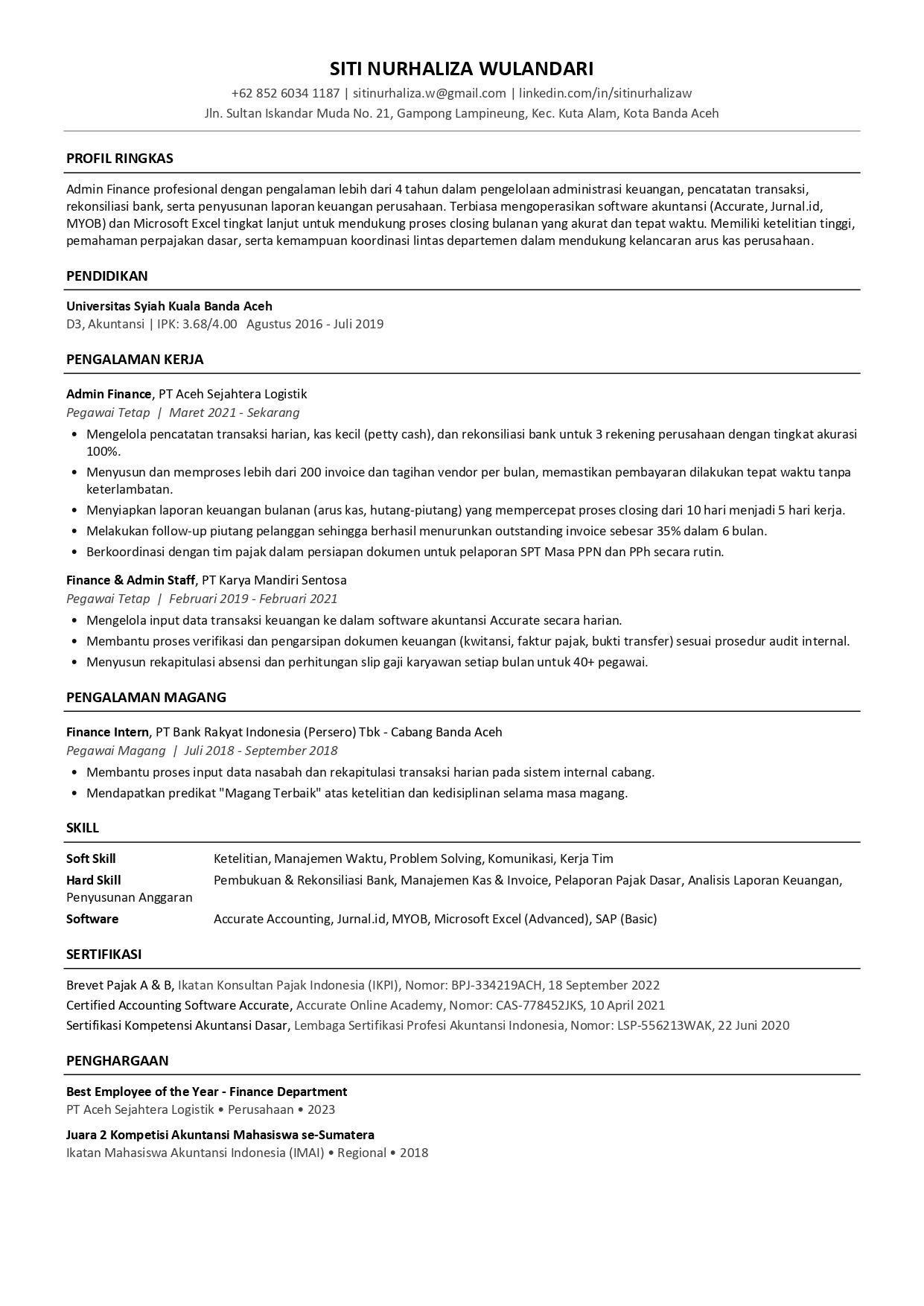 Contoh CV untuk posisi Admin Finance